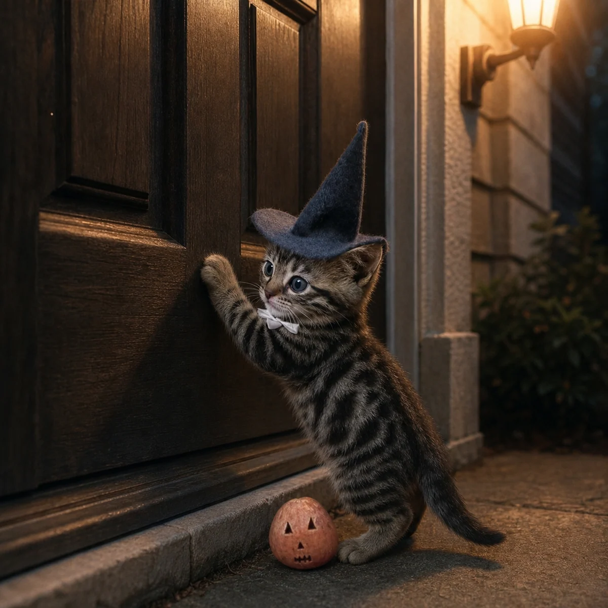 Witch Cat reaching up to a front door at night